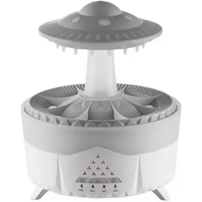 UFO Yağmur Efektli Hava Nemlendirici – Ultrasonik Buhar, Sessiz Çalışma, 7 Renk LED Işık, Zaman Ayarlı (2H/4H/8H), Otomatik Kapanma, Aromaterapi Uyumlu