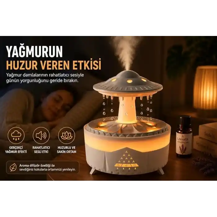 UFO Yağmur Efektli Hava Nemlendirici – Ultrasonik Buhar, Sessiz Çalışma, 7 Renk LED Işık, Zaman Ayarlı (2H/4H/8H), Otomatik Kapanma, Aromaterapi Uyumlu