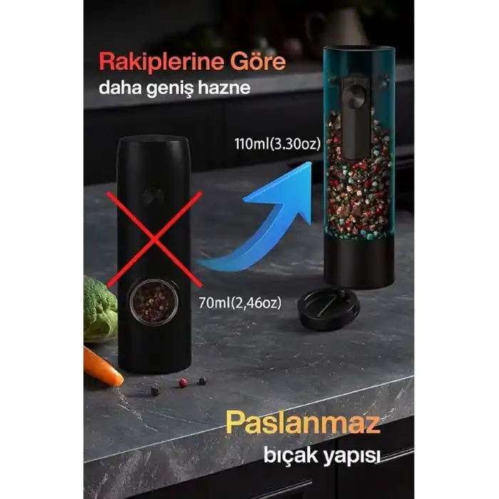 Elektrikli Tuz ve Karabiber Değirmeni Şarjlı Otomatik Baharat Öğütücü 110ML