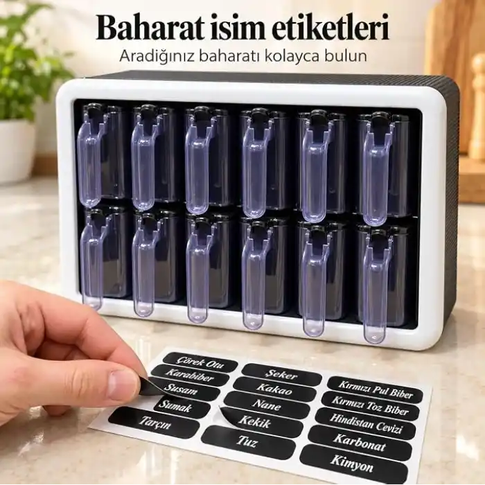 Kendinden Yapışkanlı Baharatlık Seti, 12li, Kaşıklı Kapaklı,Etiketleri ile Gönderilir Siyah Beyaz
