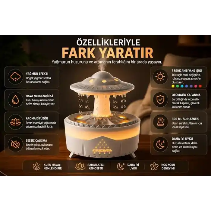 UFO Yağmur Efektli Hava Nemlendirici – Ultrasonik Buhar, Sessiz Çalışma, 7 Renk LED Işık, Zaman Ayarlı (2H/4H/8H), Otomatik Kapanma, Aromaterapi Uyumlu