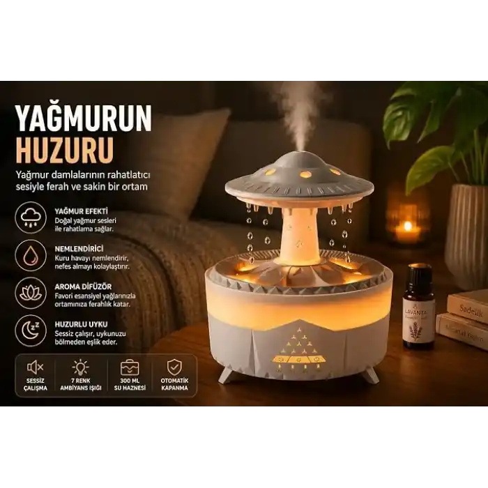 UFO Yağmur Efektli Hava Nemlendirici – Ultrasonik Buhar, Sessiz Çalışma, 7 Renk LED Işık, Zaman Ayarlı (2H/4H/8H), Otomatik Kapanma, Aromaterapi Uyumlu