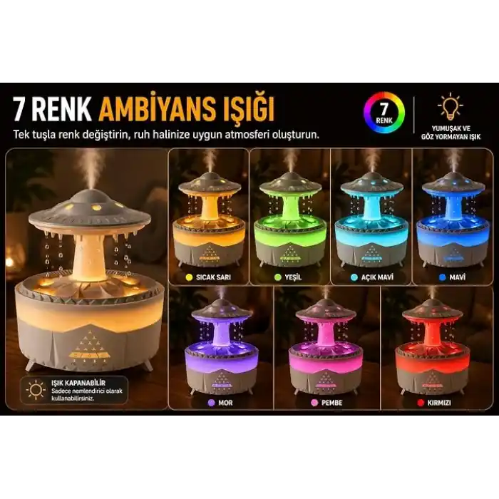 UFO Yağmur Efektli Hava Nemlendirici – Ultrasonik Buhar, Sessiz Çalışma, 7 Renk LED Işık, Zaman Ayarlı (2H/4H/8H), Otomatik Kapanma, Aromaterapi Uyumlu