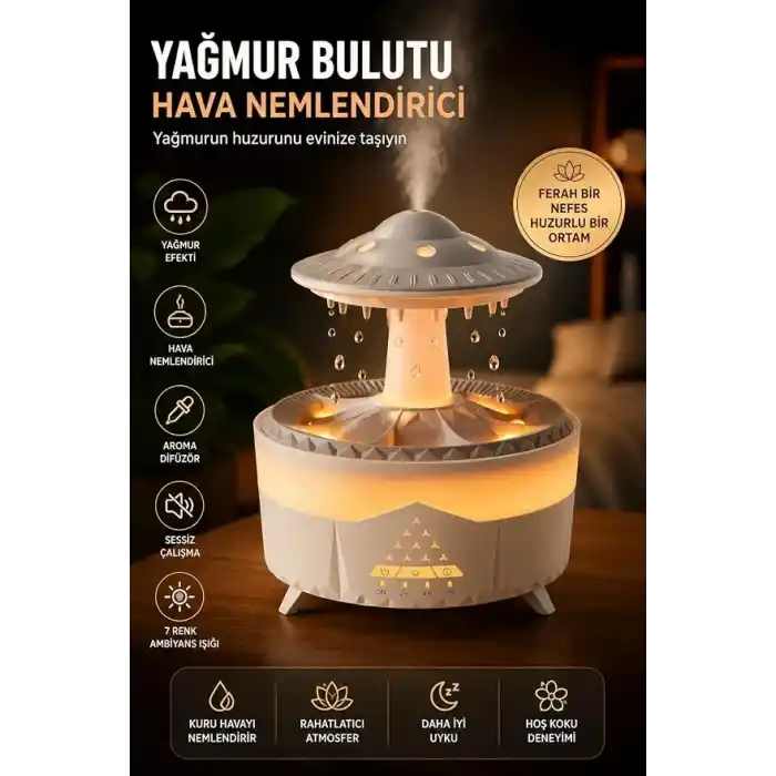 UFO Yağmur Efektli Hava Nemlendirici – Ultrasonik Buhar, Sessiz Çalışma, 7 Renk LED Işık, Zaman Ayarlı (2H/4H/8H), Otomatik Kapanma, Aromaterapi Uyumlu