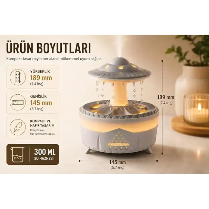 UFO Yağmur Efektli Hava Nemlendirici – Ultrasonik Buhar, Sessiz Çalışma, 7 Renk LED Işık, Zaman Ayarlı (2H/4H/8H), Otomatik Kapanma, Aromaterapi Uyumlu