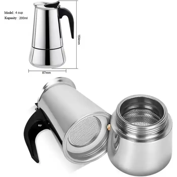 Çelik Ocak Üstü 4 Cup Fincan 200 ml Moka Pot Espresso cin285-4