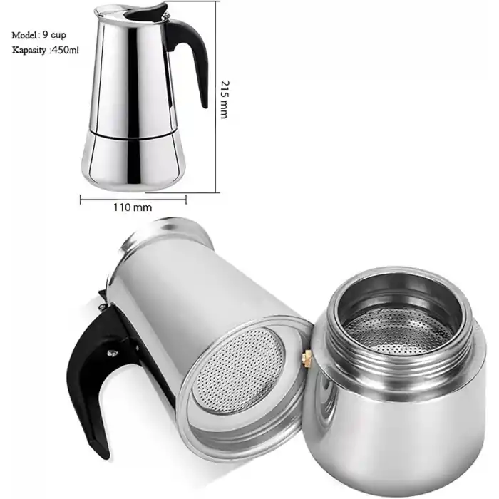 Çelik Ocak Üstü 9 Cup Fincan 450 ml Moka Pot Espresso cin285-9