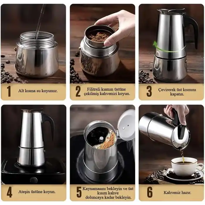 Çelik Ocak Üstü 9 Cup Fincan 450 ml Moka Pot Espresso cin285-9