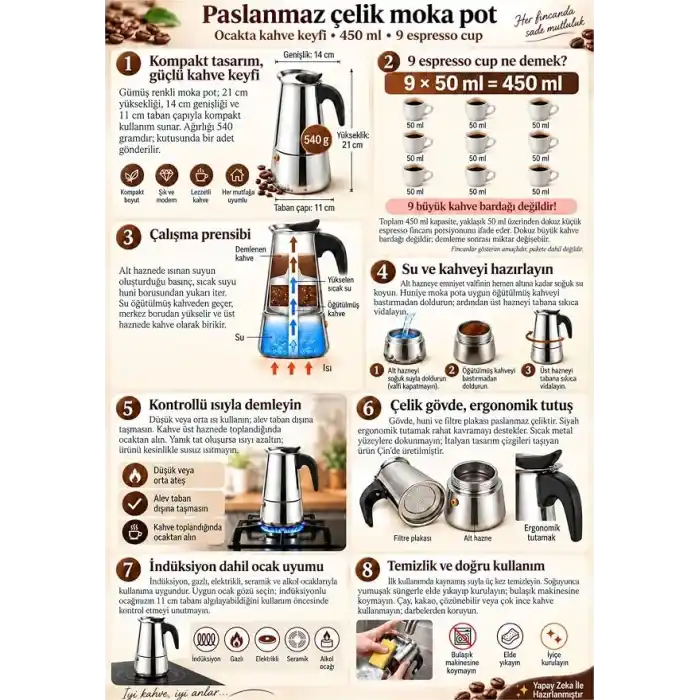 Çelik Ocak Üstü 9 Cup Fincan 450 ml Moka Pot Espresso cin285-9