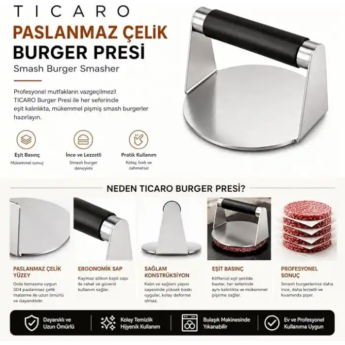 T I C A R O Paslanmaz Çelik Smash Burger Presi, Siyah Silikon Saplı,