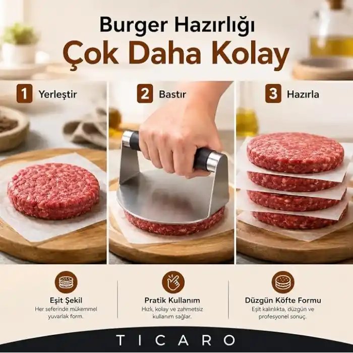 T I C A R O Paslanmaz Çelik Smash Burger Presi, Siyah Silikon Saplı,