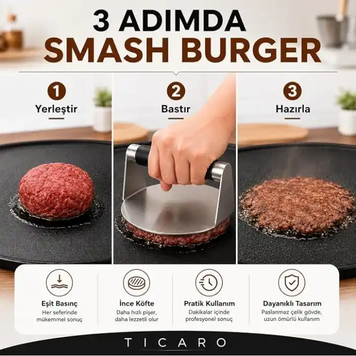 T I C A R O Paslanmaz Çelik Smash Burger Presi, Siyah Silikon Saplı,