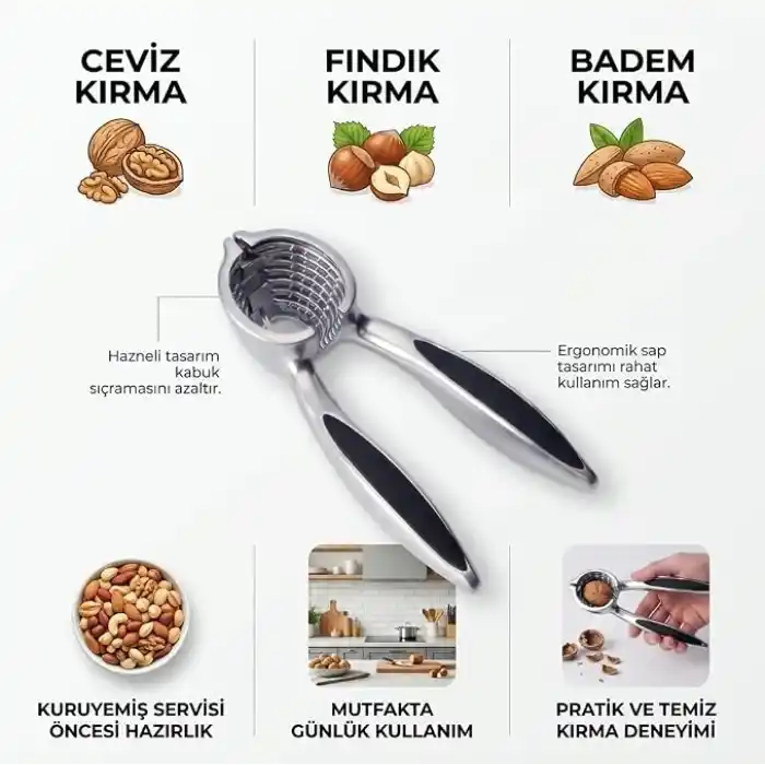 Deconox Profesyonel Paslanmaz Çelik Ceviz Kıracağı - Ergonomik Tasarımlı, Etrafa Sıçratmayan Hazneli Ceviz, Fındık ve Badem Kırıcı | Kabuklu Yemiş Kırıcı Mat Doku