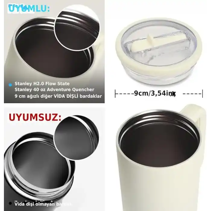 Yenigeldi 2 Adet Flip Pipetli Kapak – Stanley Quencher ile Uyumlu 40 Oz – Sızdırmaz Kapak + 2 Pipet – Krem Renk