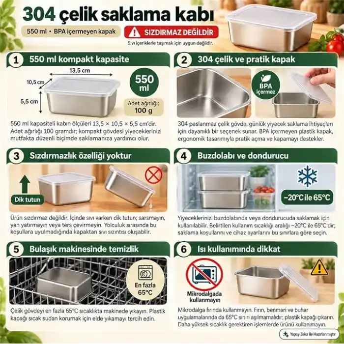 8 Adet 304 Çelik 550 ml Yemek Meyve Et Buzdolabı Beslenme Saklama Kabı mt107-8