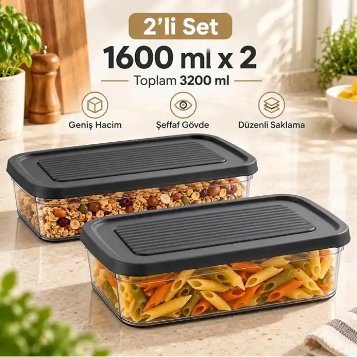 Saklama Kabı Seti 2li, 3200ml, 1600ml x2 Büyük Boy Derin Dondurucu Ve Mikrodalga İçin Kahvaltılık, Yemek Gıda Depolama Kutusu, Plastik Mutfak Düzenleyici Organizer, BPA İçermez (Gri)