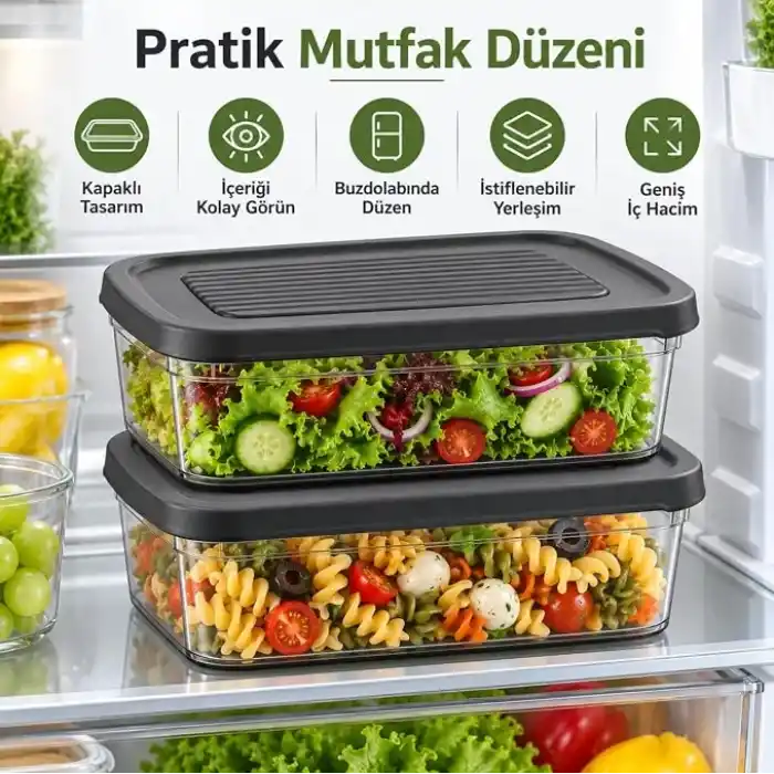 Saklama Kabı Seti 2li, 3200ml, 1600ml x2 Büyük Boy Derin Dondurucu Ve Mikrodalga İçin Kahvaltılık, Yemek Gıda Depolama Kutusu, Plastik Mutfak Düzenleyici Organizer, BPA İçermez (Gri)