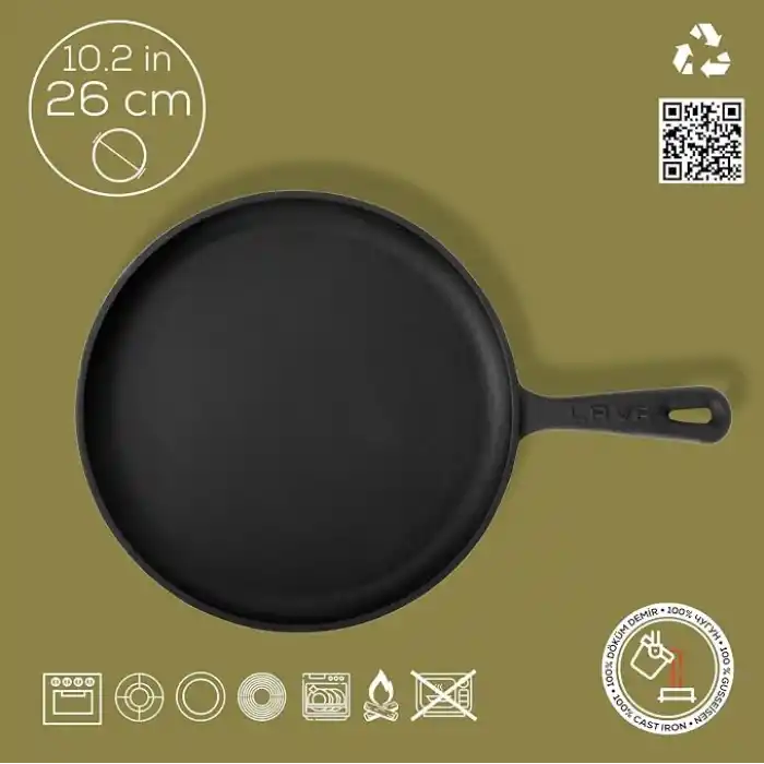 Lava Döküm Krep / Pizza / Pancake Tavası, Yuvarlak, Metal Saplı, 26cm, Siyah