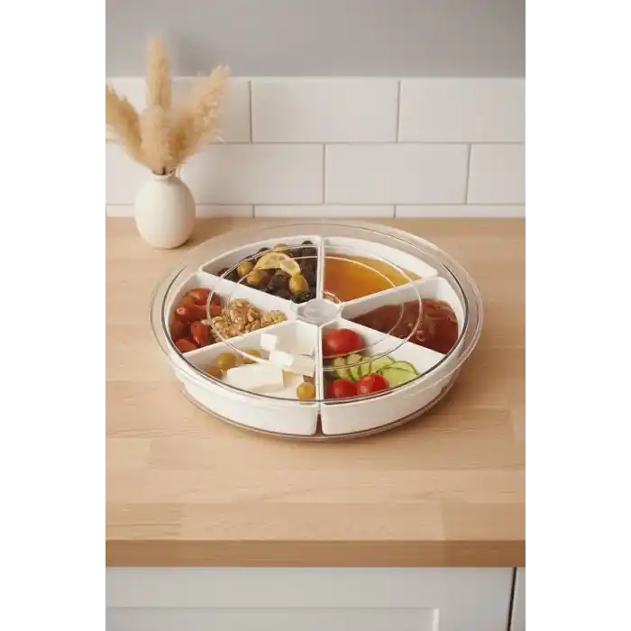 Mithra Life 360 Derece Döner Kapaklı 6 Bölmeli Beyaz Kahvaltı Sunum Saklama Tabağı Kabı MIT1289