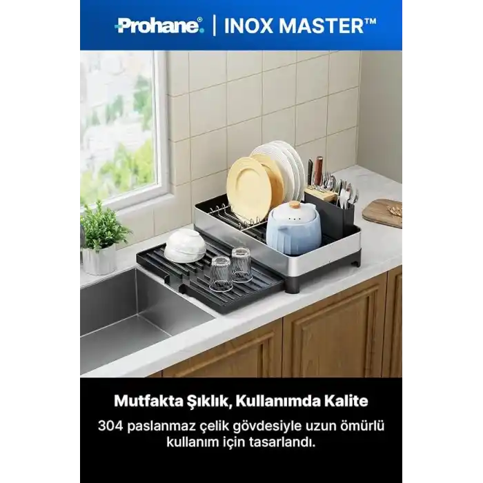 INOX MASTER KD200 | Kompakt Genişletilebilir Bulaşıklık | 304 Paslanmaz Çelik | Su Tahliyeli Tezgah Üstü Kurutmalık