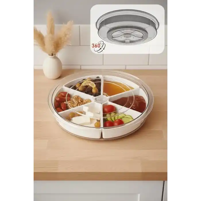 Mithra Life 360 Derece Döner Kapaklı 6 Bölmeli Beyaz Kahvaltı Sunum Saklama Tabağı Kabı MIT1289