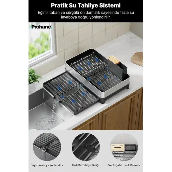 INOX MASTER KD200 | Kompakt Genişletilebilir Bulaşıklık | 304 Paslanmaz Çelik | Su Tahliyeli Tezgah Üstü Kurutmalık