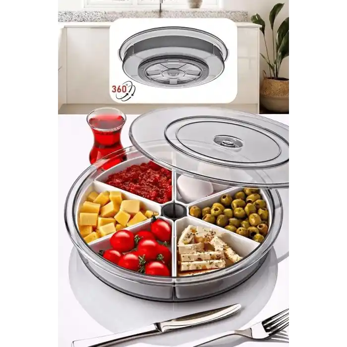 Mithra Life 360 Derece Döner Kapaklı 6 Bölmeli Beyaz Kahvaltı Sunum Saklama Tabağı Kabı MIT1289