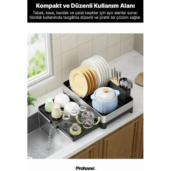 INOX MASTER KD200 | Kompakt Genişletilebilir Bulaşıklık | 304 Paslanmaz Çelik | Su Tahliyeli Tezgah Üstü Kurutmalık