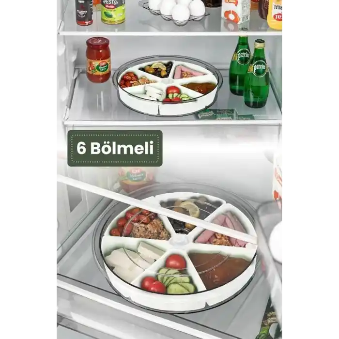 Mithra Life 360 Derece Döner Kapaklı 6 Bölmeli Beyaz Kahvaltı Sunum Saklama Tabağı Kabı MIT1289