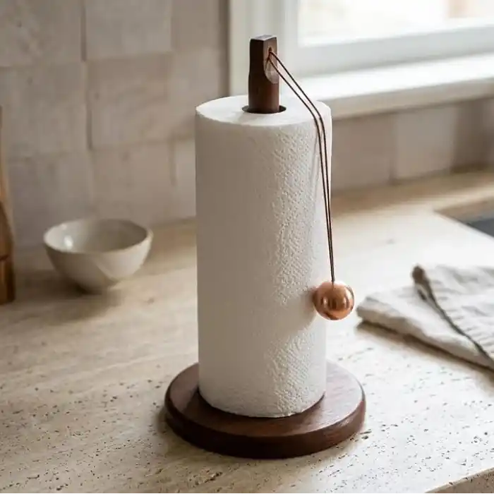 Deconox Doğal Bambu Bohem Top Tutacaklı Kağıt Havluluk - Dekoratif Ahşap Stand (30x14 cm, Kahve ve Bambu Renk Seçenekli, 1 Adet) (KAHVE)