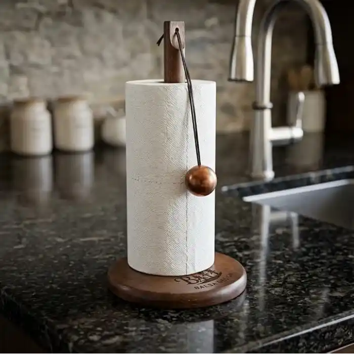 Deconox Doğal Bambu Bohem Top Tutacaklı Kağıt Havluluk - Dekoratif Ahşap Stand (30x14 cm, Kahve ve Bambu Renk Seçenekli, 1 Adet) (KAHVE)