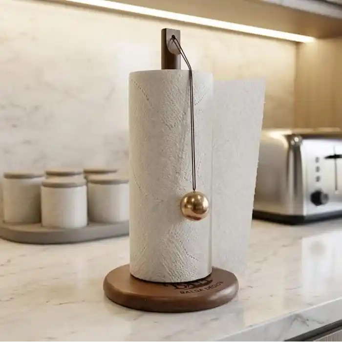 Deconox Doğal Bambu Bohem Top Tutacaklı Kağıt Havluluk - Dekoratif Ahşap Stand (30x14 cm, Kahve ve Bambu Renk Seçenekli, 1 Adet) (KAHVE)