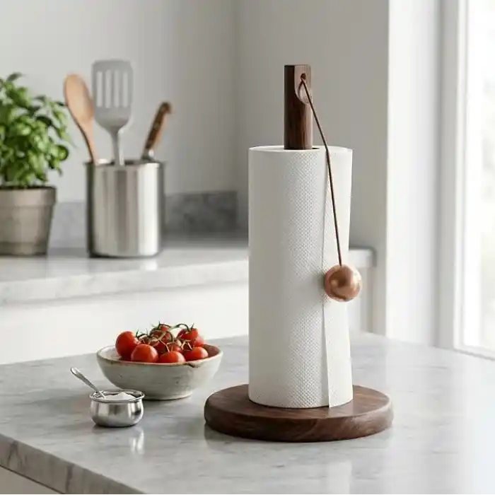 Deconox Doğal Bambu Bohem Top Tutacaklı Kağıt Havluluk - Dekoratif Ahşap Stand (30x14 cm, Kahve ve Bambu Renk Seçenekli, 1 Adet) (KAHVE)