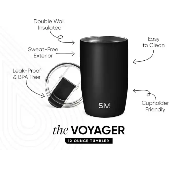 Simple Modern 12 oz Voyager Seyahat Kupası Bardak, Şeffaf Kapaklı ve Pipetli - Kahve Fincanı Çocuk Vakum Yalıtımlı Şişe 18/8 Paslanmaz Çelik Hidro - Gece Siyahı