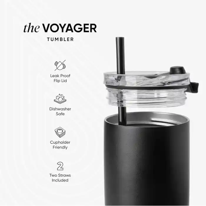 Simple Modern 12 oz Voyager Seyahat Kupası Bardak, Şeffaf Kapaklı ve Pipetli - Kahve Fincanı Çocuk Vakum Yalıtımlı Şişe 18/8 Paslanmaz Çelik Hidro - Gece Siyahı