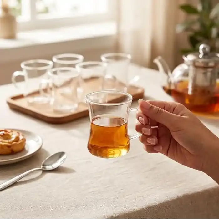 Deconox 6lı Kulplu Borosilikat Cam Çay Bardağı Seti, İnce Şeffaf ve Tabaksız, Keyf-i Ala, Kısa, Desenli, Çizgili ve Burgu Çizgili Model Seçenekleri (Keyf-i Ala Kısa)