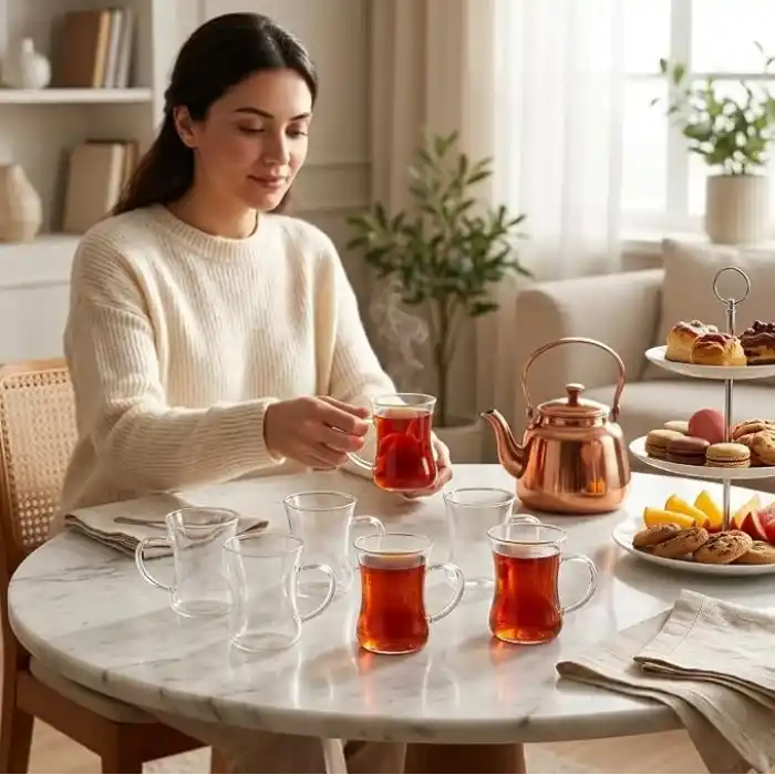 Deconox 6lı Kulplu Borosilikat Cam Çay Bardağı Seti, İnce Şeffaf ve Tabaksız, Keyf-i Ala, Kısa, Desenli, Çizgili ve Burgu Çizgili Model Seçenekleri (Keyf-i Ala Kısa)