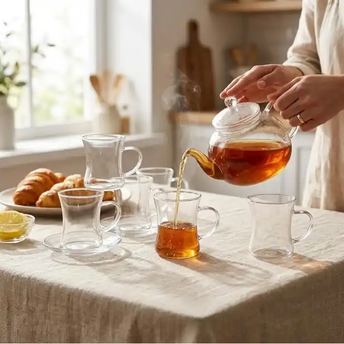 Deconox 6lı Kulplu Borosilikat Cam Çay Bardağı Seti, İnce Şeffaf ve Tabaksız, Keyf-i Ala, Kısa, Desenli, Çizgili ve Burgu Çizgili Model Seçenekleri (Keyf-i Ala Kısa)