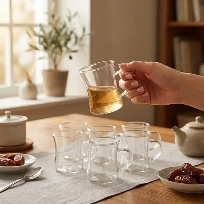 Deconox 6lı Kulplu Borosilikat Cam Çay Bardağı Seti, İnce Şeffaf ve Tabaksız, Keyf-i Ala, Kısa, Desenli, Çizgili ve Burgu Çizgili Model Seçenekleri (Keyf-i Ala Kısa)