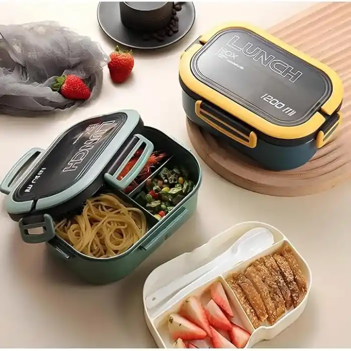 Jouis Beslenme Kutusu 1200 ml 2 Katlı 6 Bölmeli BPAsız PP Plastik Sefer Tası ve Beslenme Çantası - Lunch Box, ÇATAL KAŞIK ve BIÇAK Dahil Okul Beslenme (Yeşil)