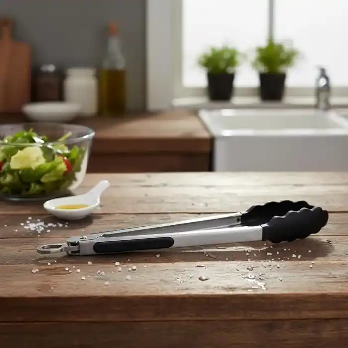 Deconox 30 cm Silikon Uçlu Metal Saplı Kızartma ve Servis Maşası - Isıya Dayanıklı Çizmez Kilitli Siyah Maşa