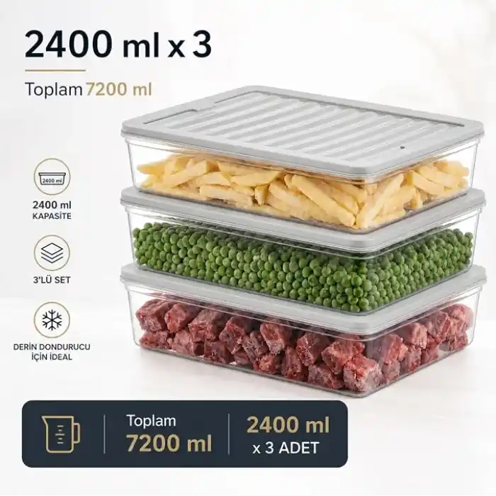 Derin Dondurucu 3 Parça Plastik Saklama Kabı Seti, 7200ml, Buzluk Düzenleyici Şeffaf Kap, Buzdolabı Gıda Erzak Kapaklı Depolama Kutusu, 2400ml x3 (Antrasit, 7200, Mililitre)