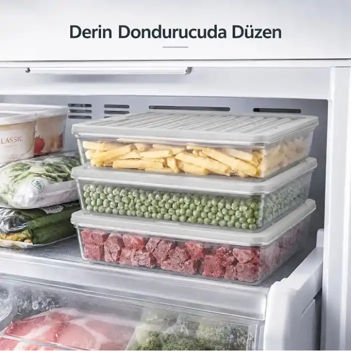 Derin Dondurucu 3 Parça Plastik Saklama Kabı Seti, 7200ml, Buzluk Düzenleyici Şeffaf Kap, Buzdolabı Gıda Erzak Kapaklı Depolama Kutusu, 2400ml x3 (Antrasit, 7200, Mililitre)