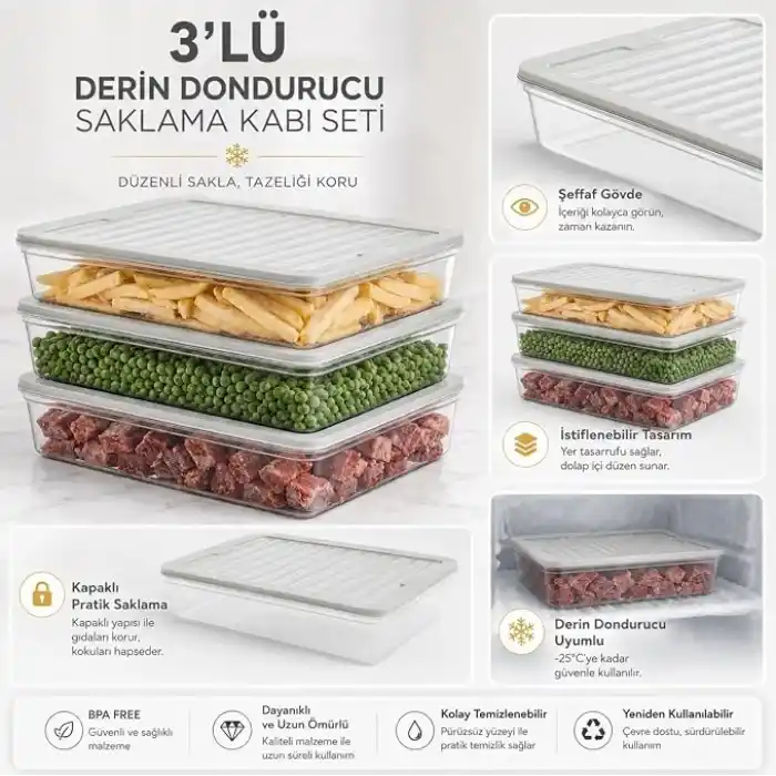 Derin Dondurucu 3 Parça Plastik Saklama Kabı Seti, 7200ml, Buzluk Düzenleyici Şeffaf Kap, Buzdolabı Gıda Erzak Kapaklı Depolama Kutusu, 2400ml x3 (Antrasit, 7200, Mililitre)