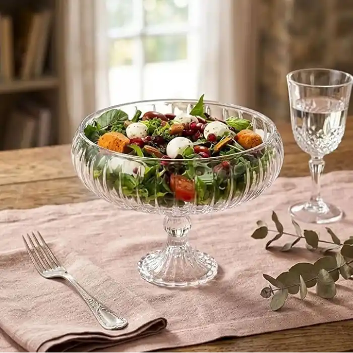 Deconox Linea Şeffaf Cam Ayaklı Sunum Çanağı - Dekoratif Küçük Salata Kasesi ve Çerezlik (20x15,5 cm)