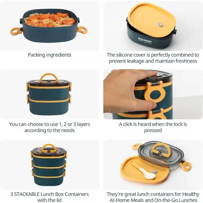 Bento Box Yetişkin Öğle Yemeği Kutusu, Sızdırmaz, BPA İçermeyen İstifleme (3 Katlı) Taşınabilir İstiflenebilir Gıda Kabı Saklama Kutuları Çalışma Okul Kamp için (Mavi)