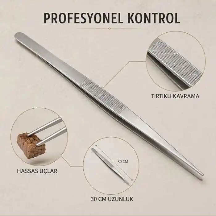 30 cm Profesyonel Şef Cımbızı, Metal Cımbız Maşa, Pişirme Çevirme Servis ve Tabak Süsleme Maşası, 1 Adet