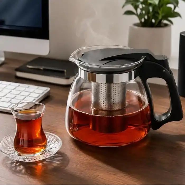 Cam Demlik 900ml, Paslanmaz Çelik Süzgeçli Filtreli Çaydanlık, Çay, Bitki Çayı Süzgeci, Isıya Karşı Dayanıklı Pratik Üst Kısım Tek Parça (Siyah, 900, Mililitre)