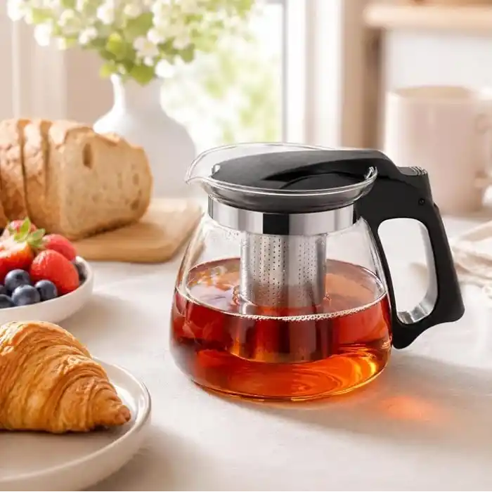 Cam Demlik 900ml, Paslanmaz Çelik Süzgeçli Filtreli Çaydanlık, Çay, Bitki Çayı Süzgeci, Isıya Karşı Dayanıklı Pratik Üst Kısım Tek Parça (Siyah, 900, Mililitre)