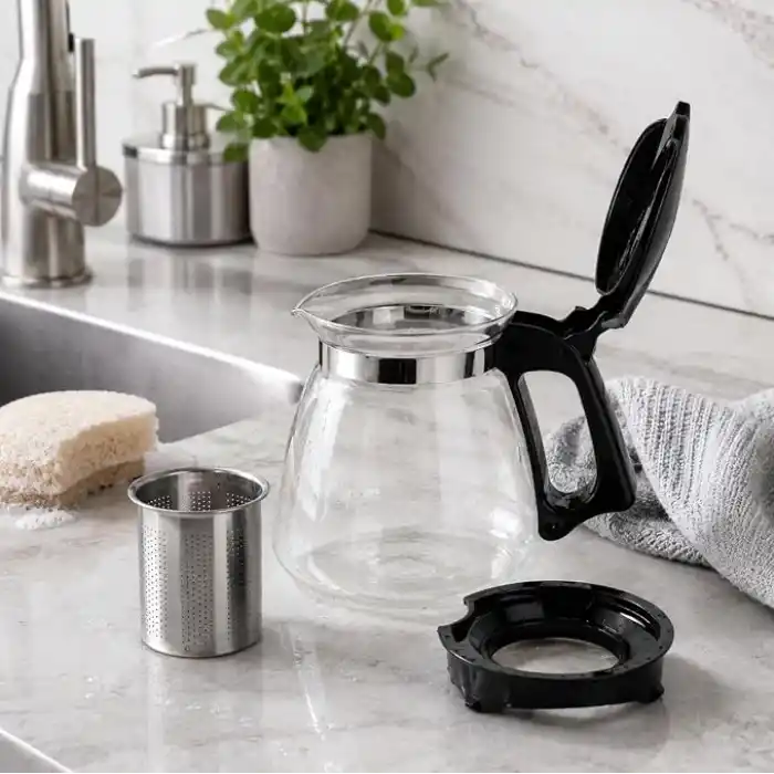 Cam Demlik 900ml, Paslanmaz Çelik Süzgeçli Filtreli Çaydanlık, Çay, Bitki Çayı Süzgeci, Isıya Karşı Dayanıklı Pratik Üst Kısım Tek Parça (Siyah, 900, Mililitre)